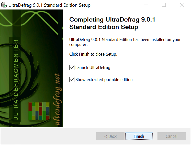 You can select to launch UltraDefrag immediately after the istallation and to show the extracted portable edition of UltraDefrag.